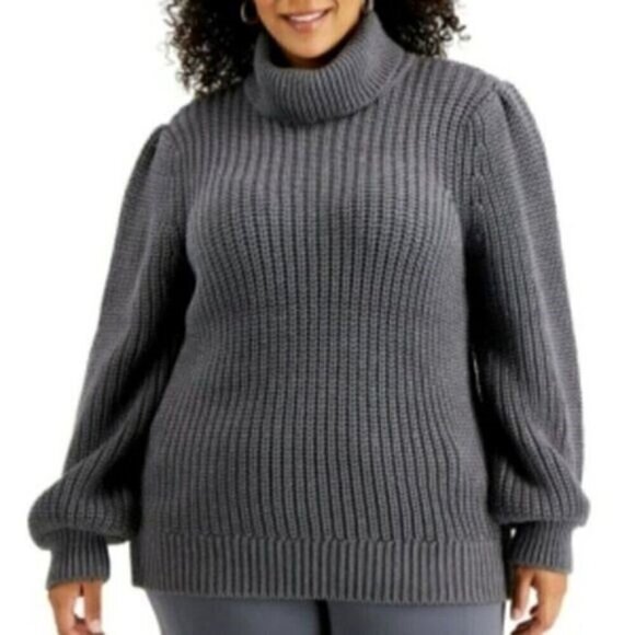 Alfani Pop of Grey Turtleneck Sweater Metallic Long Puff Sleeve Chunky 1X NEW - Picture 11 of 12